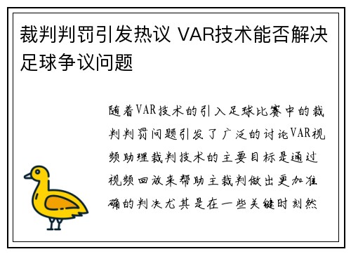 裁判判罚引发热议 VAR技术能否解决足球争议问题