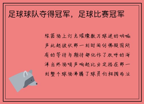 足球球队夺得冠军，足球比赛冠军